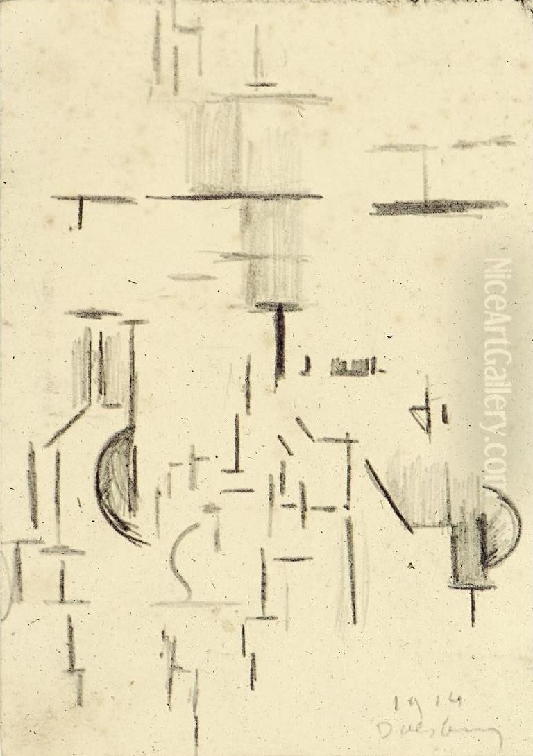 Abstract Church Oil Painting by Theo van Doesburg