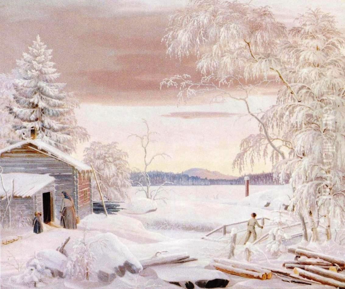 Talvimaisema Savosta auringonlaskun aikaan Oil Painting by Ferdinand von Wright