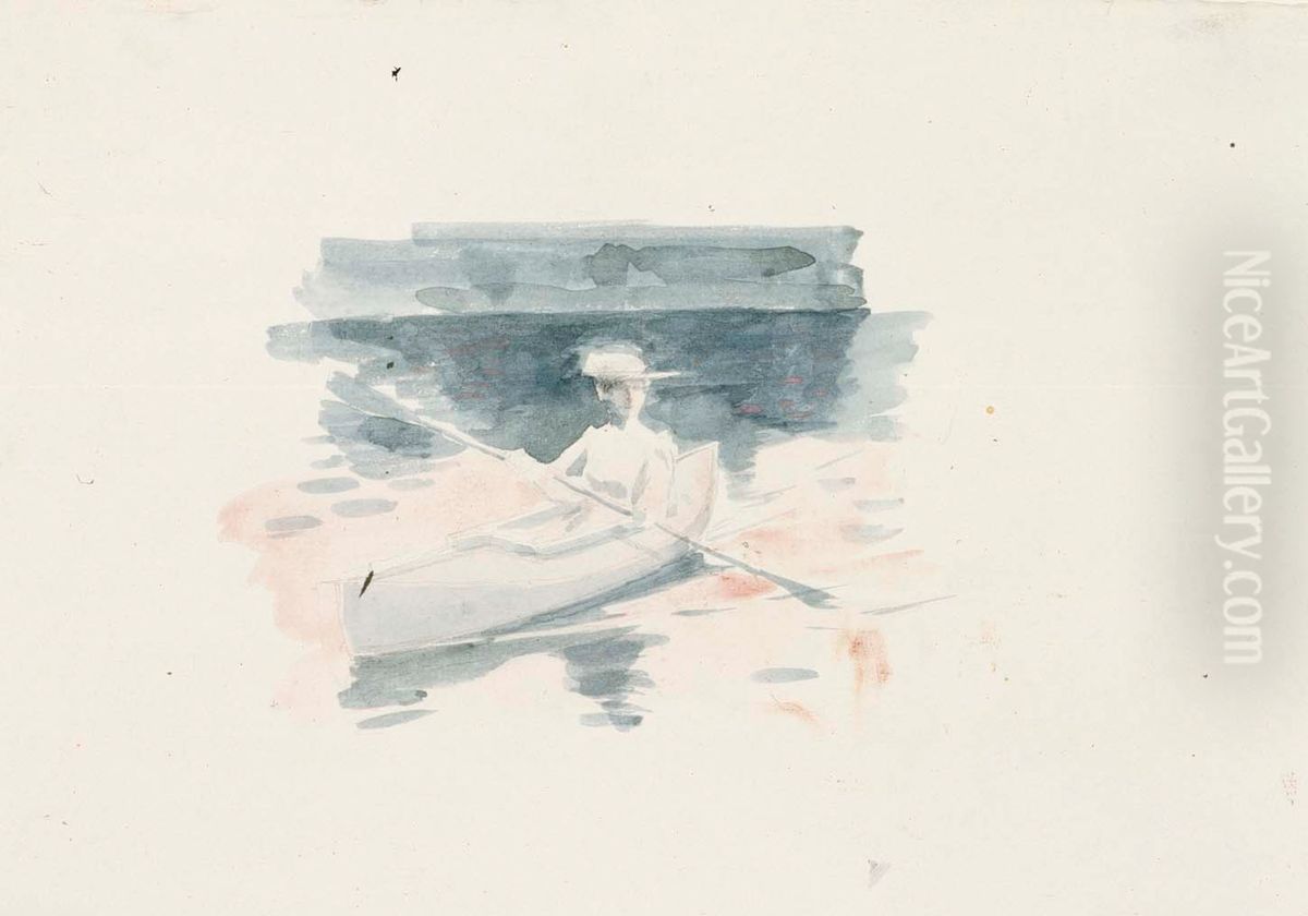 Nainen kanootissa, luonnos Oil Painting by Albert Edelfelt