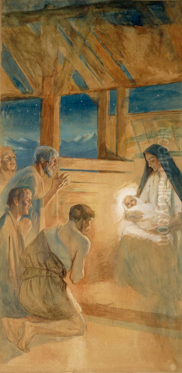 Paimenet kumartavat Jeesus-lasta, harjoitelma Vaasan kirkon alttaritauluun Oil Painting by Albert Edelfelt