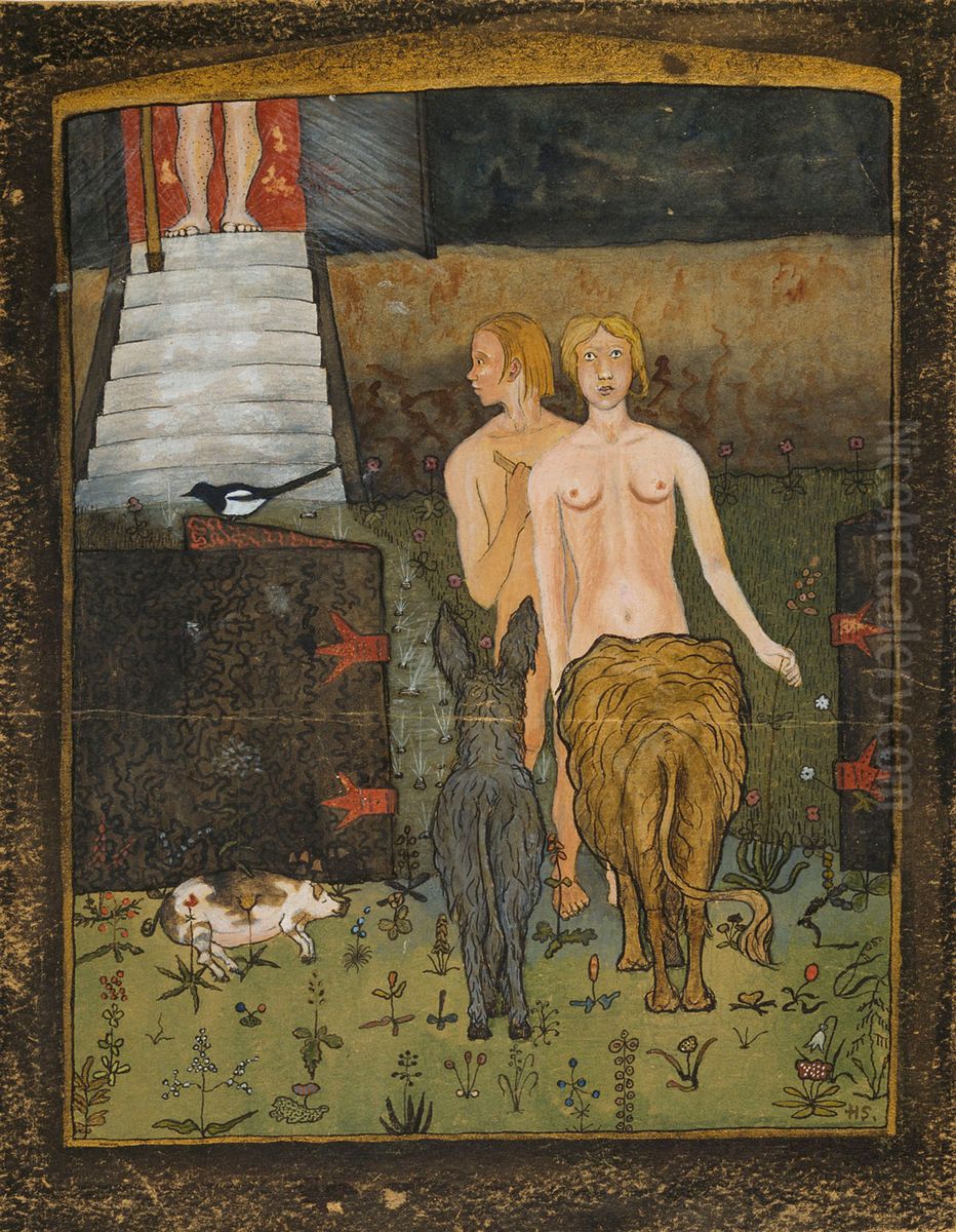 Adam and Eve Oil Painting by Hugo Simberg