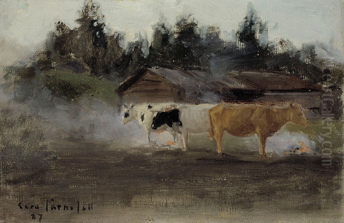 Cows in Turf Smoke, study Oil Painting by Eero Jarnefelt