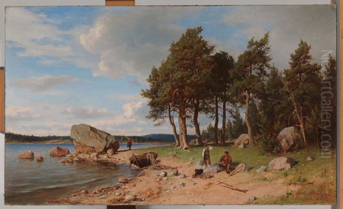 Kalastajia rannalla Oil Painting by Berndt Lindholm