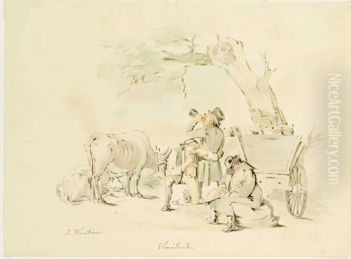 Kolme humalaista miesta, kaksi lehmaa ja karryt Oil Painting by Johan Knutson