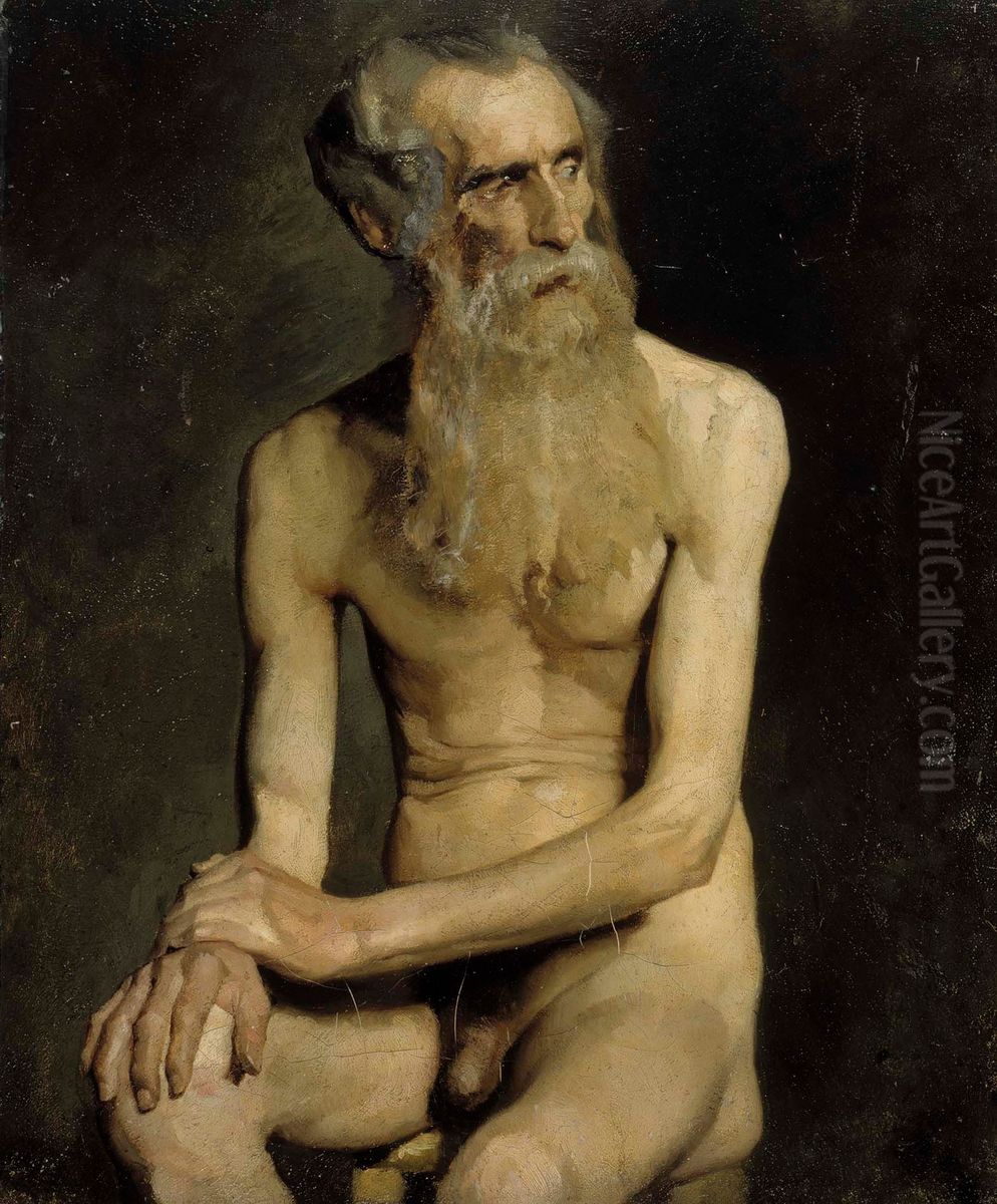 Old Man Seated, Academy Study Oil Painting by Albert Edelfelt