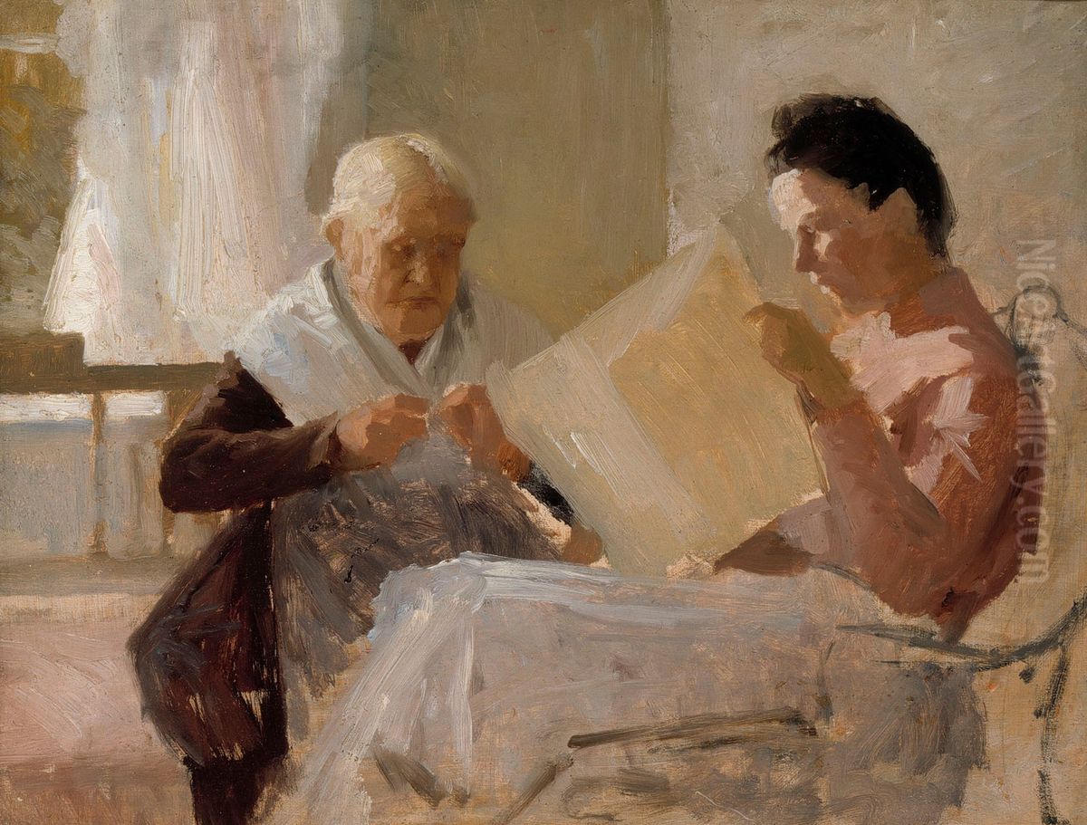 Annie Edelfelt with Fredrika Snygg Oil Painting by Albert Edelfelt