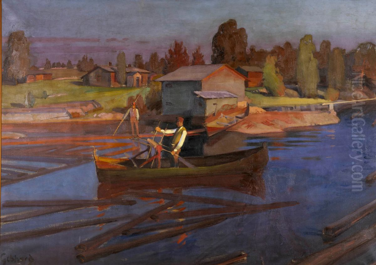 Log Driving Oil Painting by Albert Gebhard