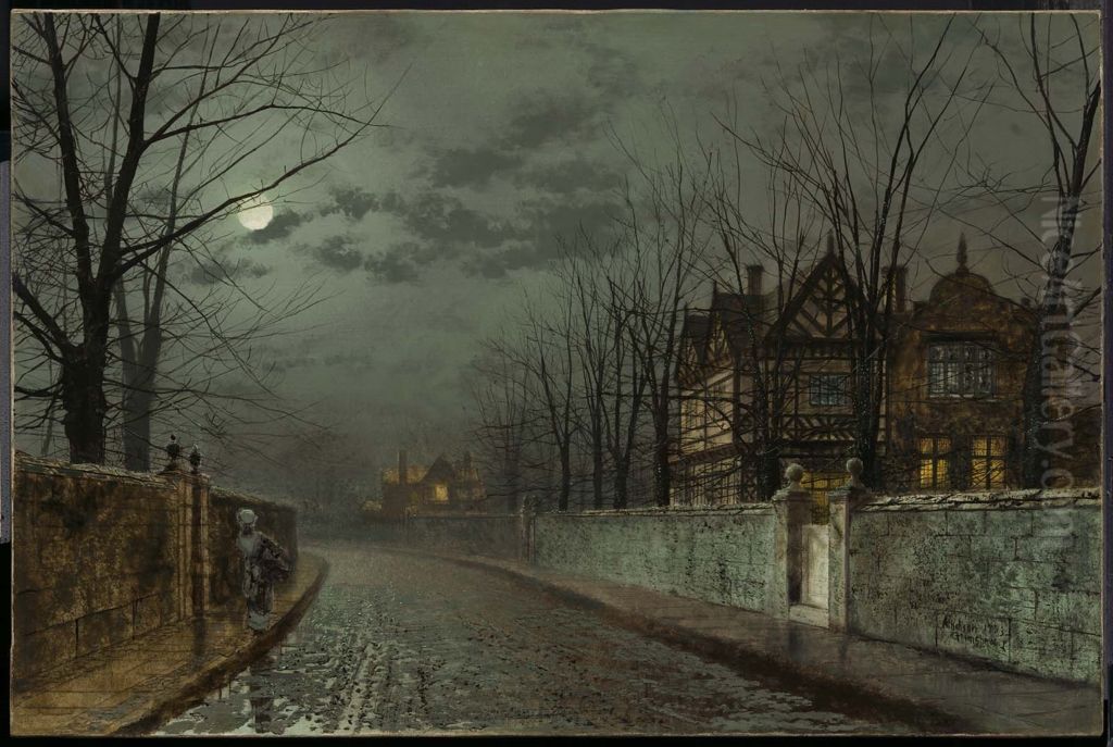 Old English House by Moonlight Oil Painting by John Atkinson Grimshaw