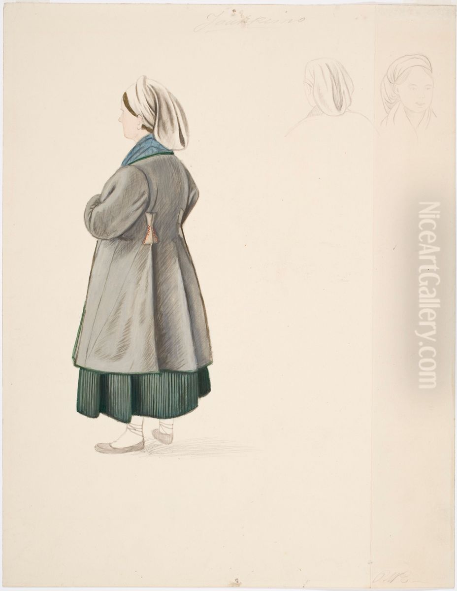 Seisova talonpoikaisnainen seka kaksi naispaata Jaakkimasta Oil Painting by Robert Wilhelm Ekman