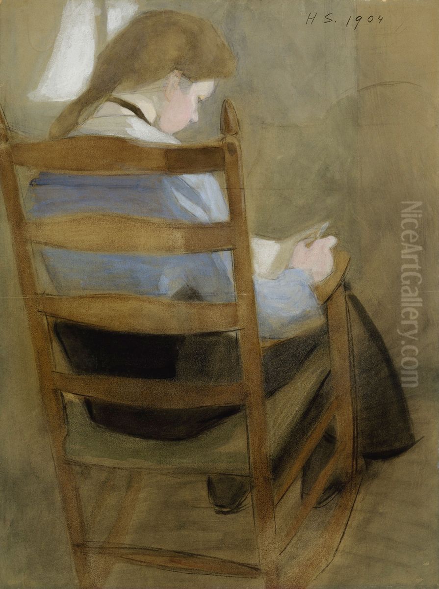Lukeva tytto Oil Painting by Helene Schjerfbeck
