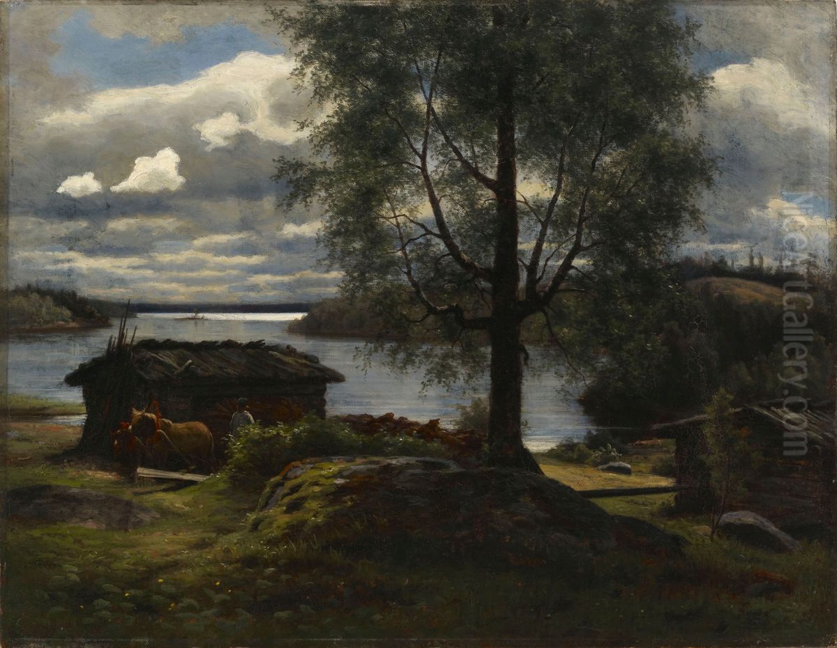 View from Aurejarvi lake in the Parish of Kuru Oil Painting by Fredrik Ahlstedt