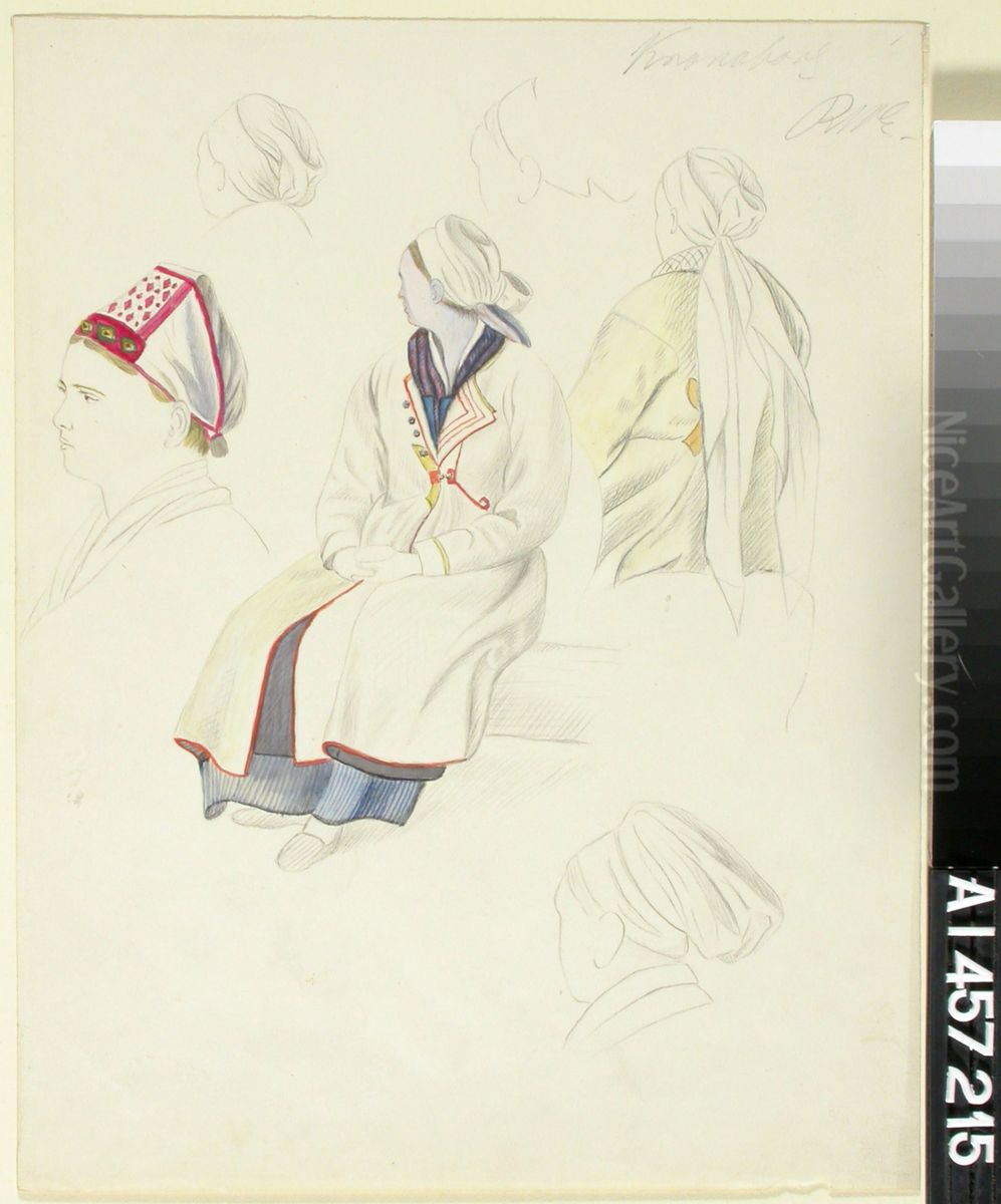 Talonpoikaisnainen Kronoborgista, kaksi figuuriharjoitelmaa ja nelja paata Oil Painting by Robert Wilhelm Ekman