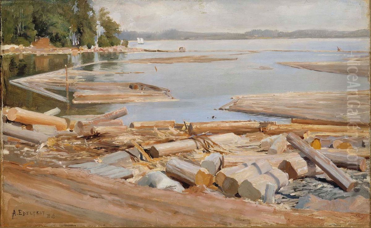 Log Raft Oil Painting by Albert Edelfelt