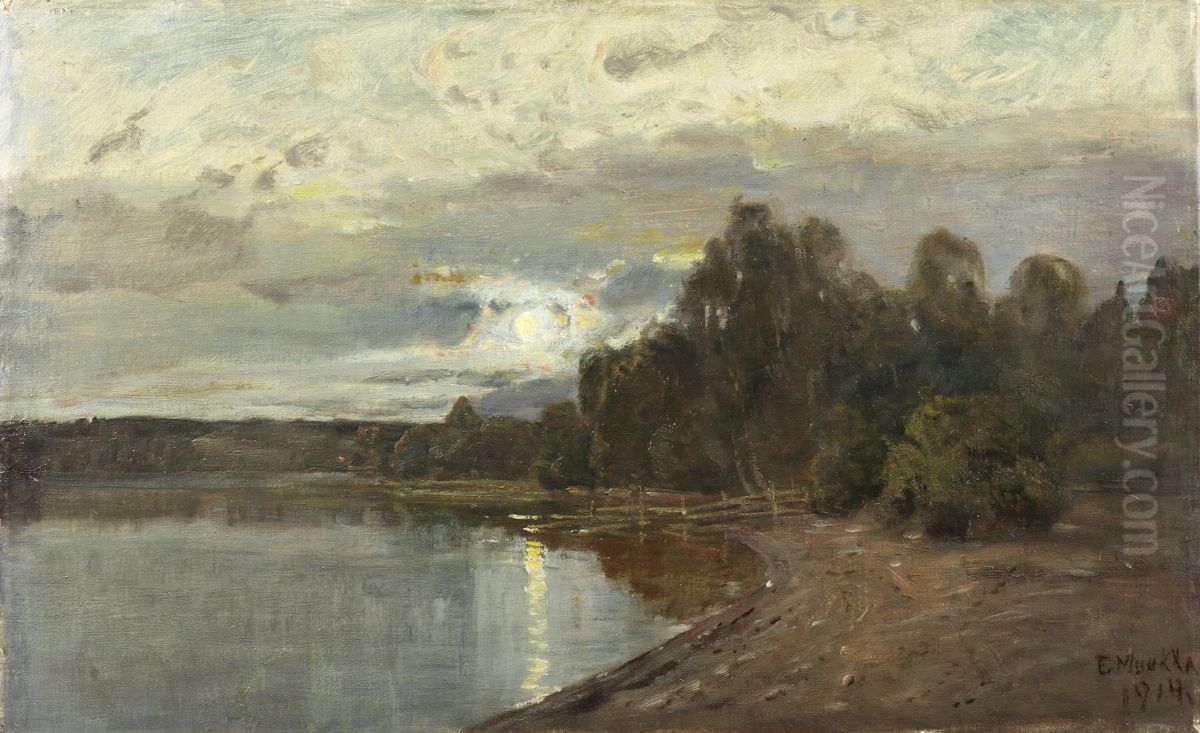 Landscape in Moonlight Oil Painting by Elias Muukka