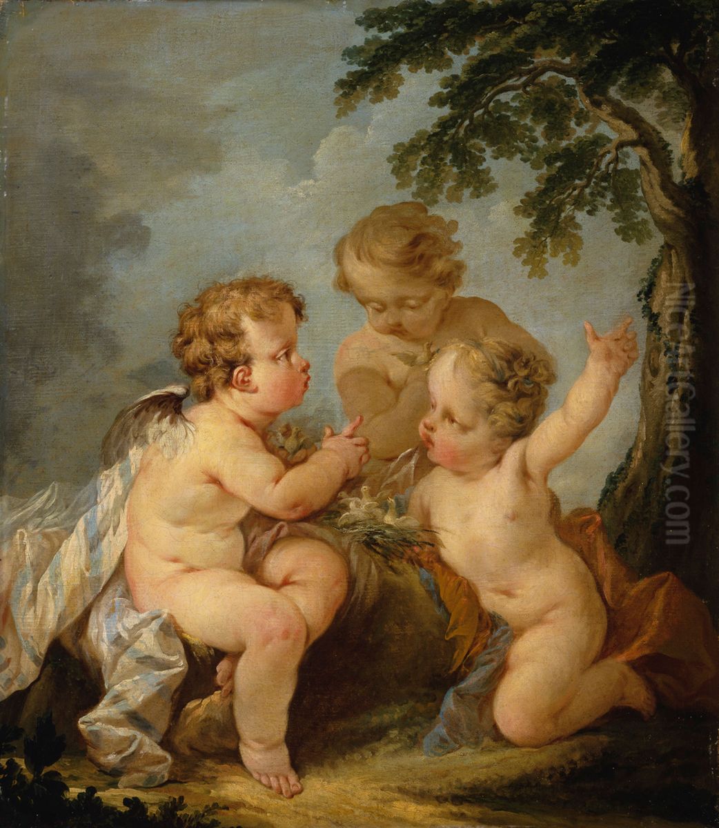 Three amorins playing with a bird's nest Oil Painting by Guillaume Taraval
