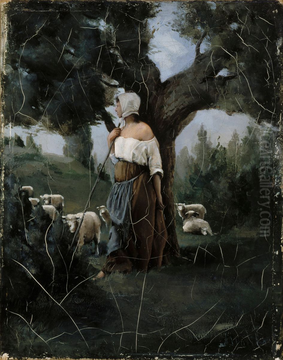 Shepherdess and Sheep Oil Painting by Aukusti Uotila