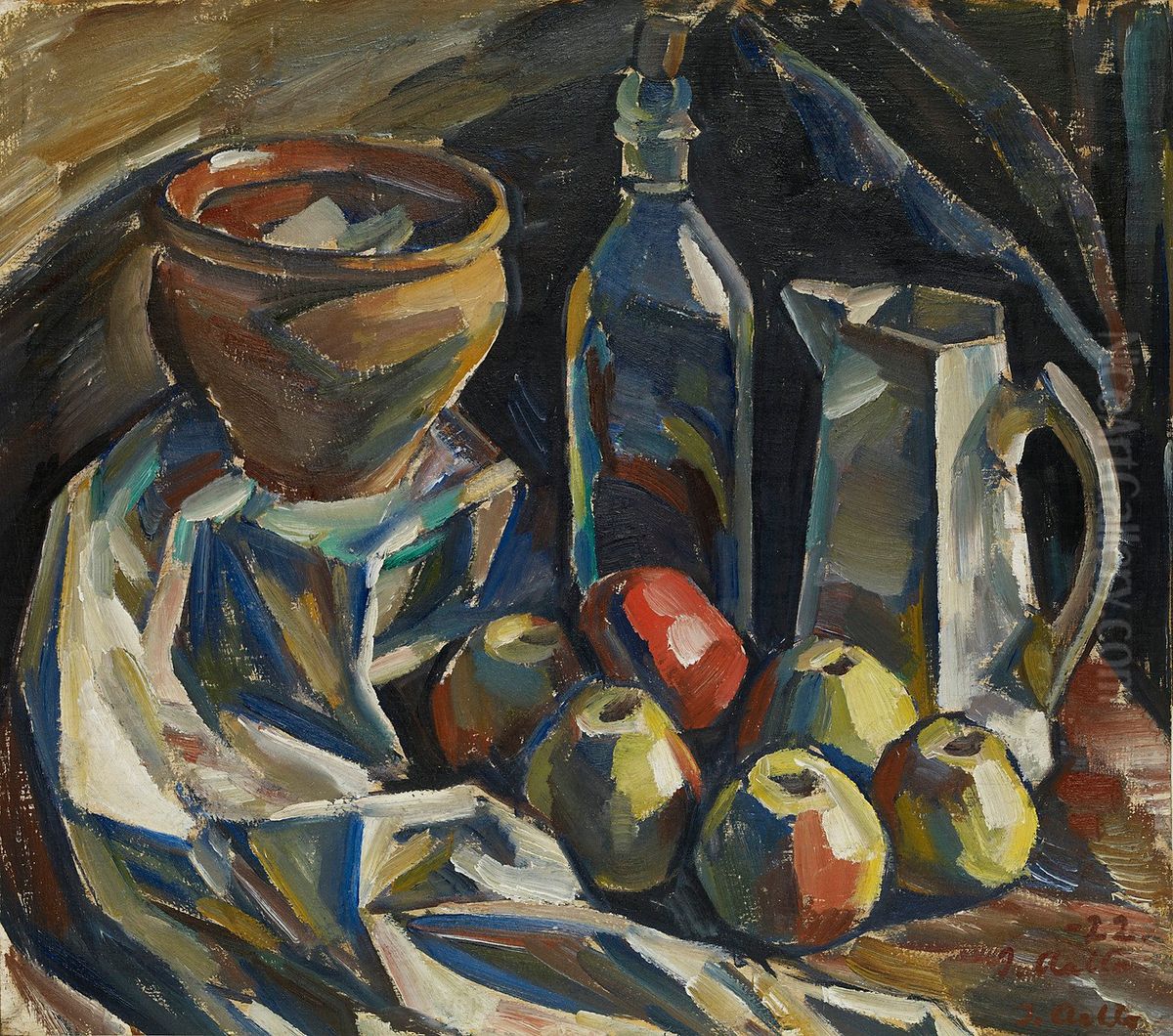 Still Life with Jug, Pot, Bottle and Apples Oil Painting by Ilmari Aalto