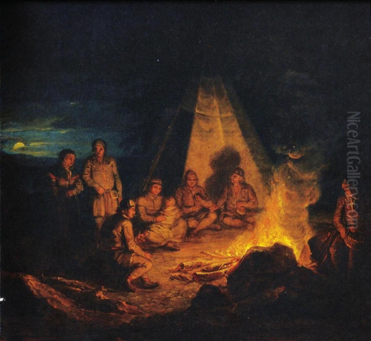 Lappalaisia nuotiolla Oil Painting by Aleksander Laureus