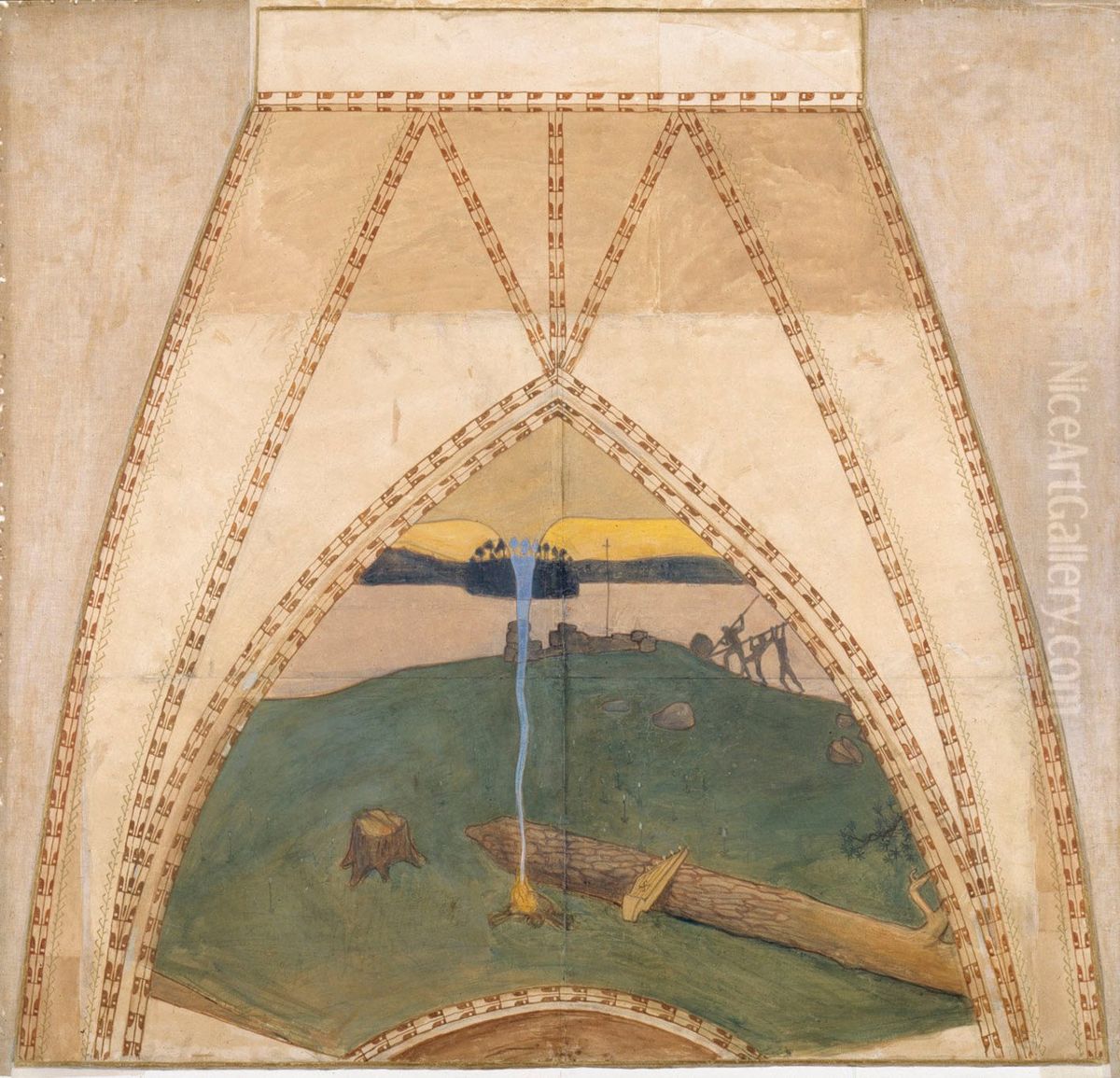 Heathendom and Christendom, Sketch for the cupola frescos of the Finnish Pavilion in Paris Oil Painting by Akseli Valdemar Gallen-Kallela