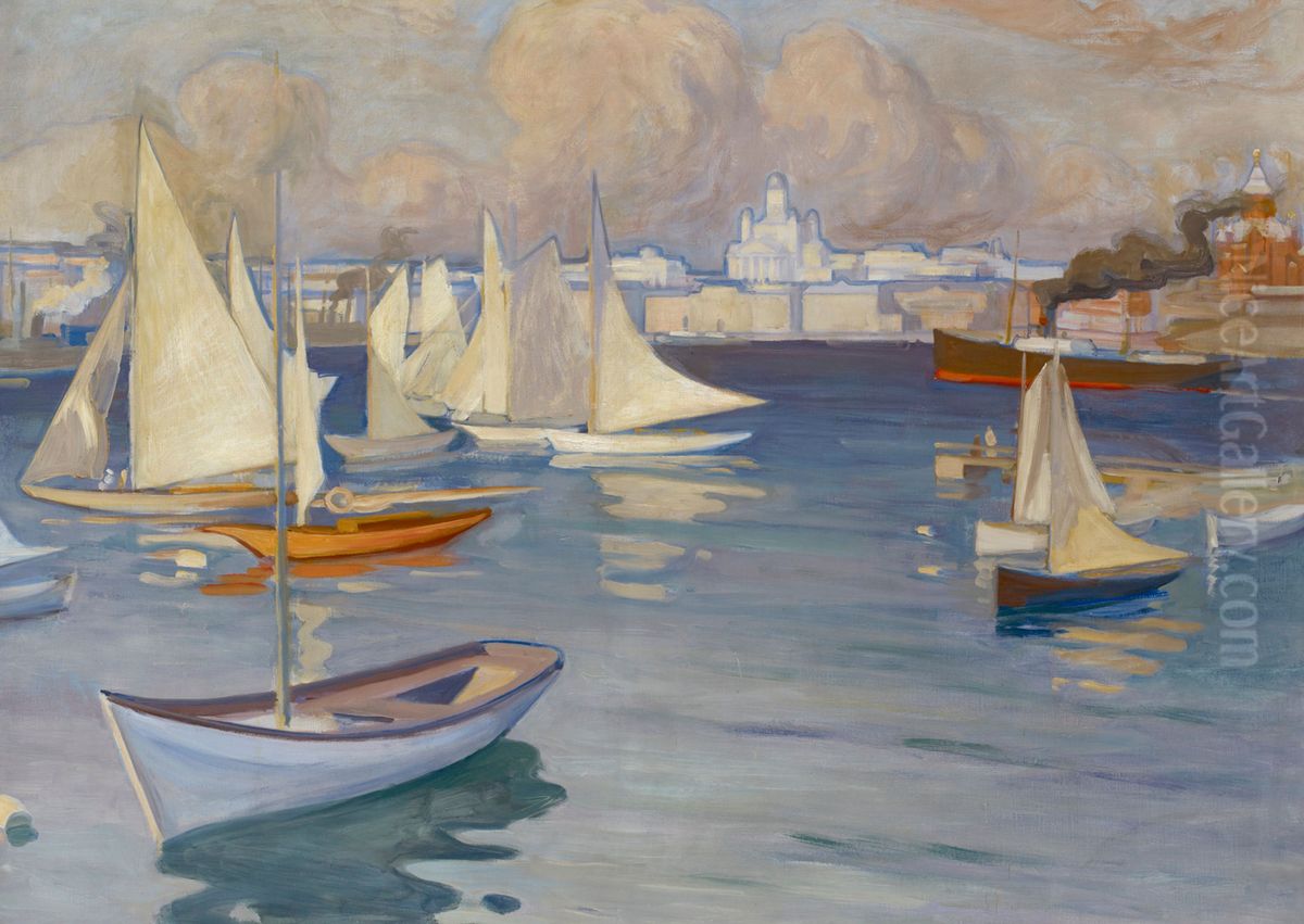 The Nylandska Jaktklubben Harbour in Helsinki Oil Painting by Albert Edelfelt