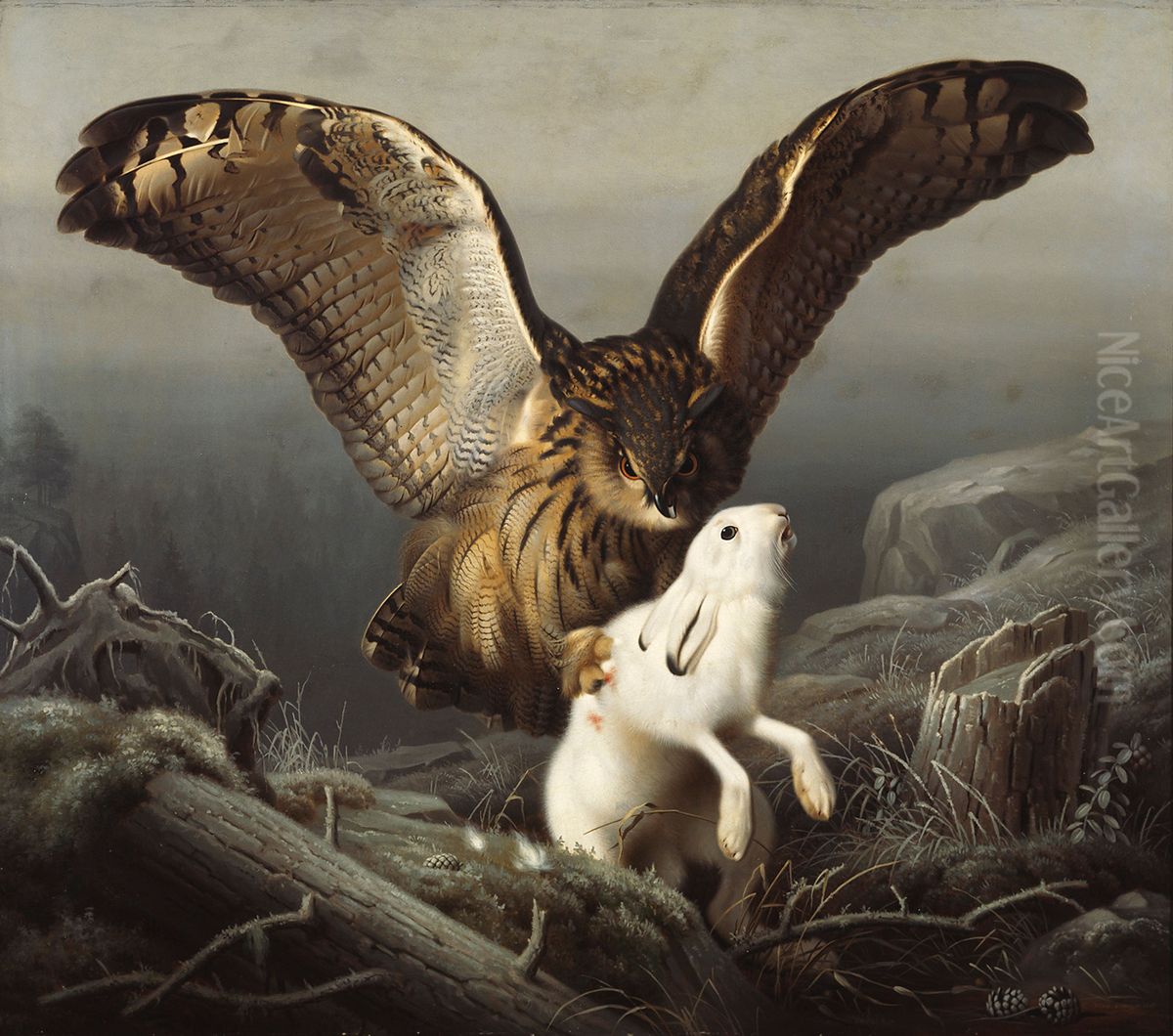 Berguv slar hare Oil Painting by Ferdinand von Wright