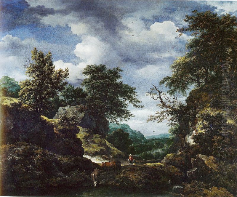Heuvellandschap met herders en enkele koeien Oil Painting by Jacob Van Ruisdael