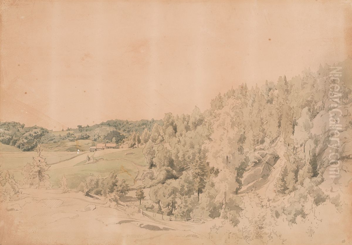 Metsainen vuori, niittyja ja maalaistalo Oil Painting by Werner Holmberg