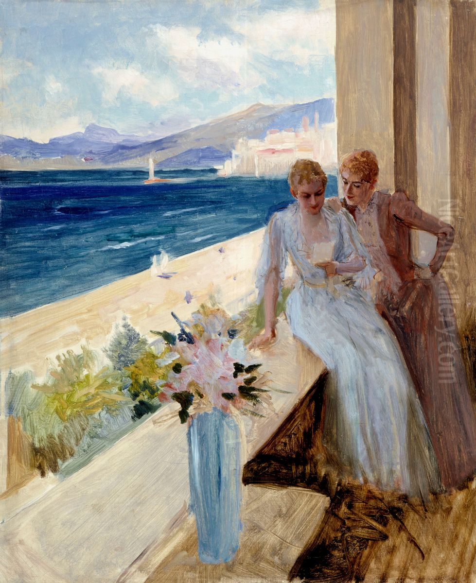 Taiteilijan vaimo ja Emilie von Etter parvekkeella Cannes'ssa Oil Painting by Albert Edelfelt