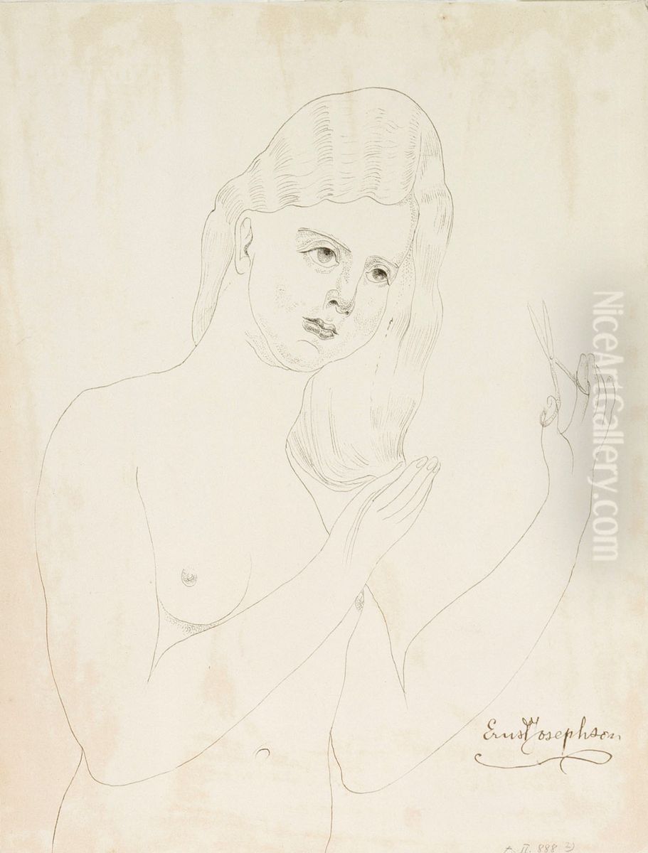 Hiuksiaan leikkaava alaston nainen Oil Painting by Ernst Josephson