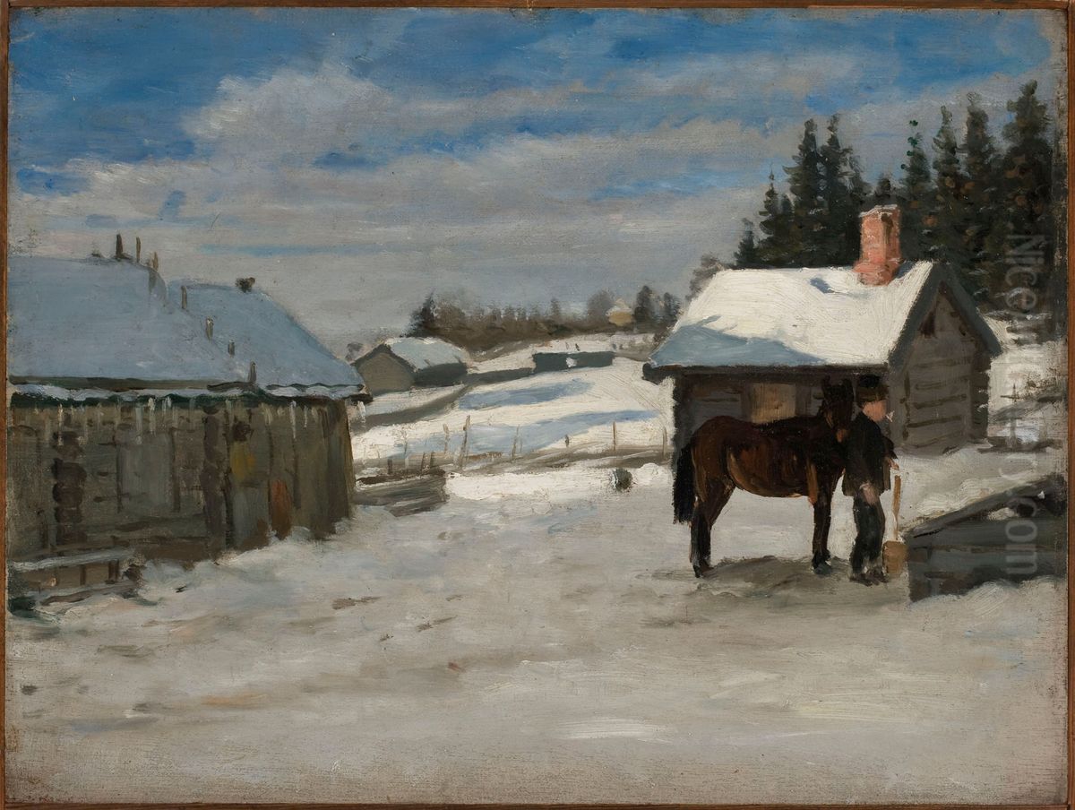 Hevosen juotto, talvikuva Oil Painting by Adolf von Becker