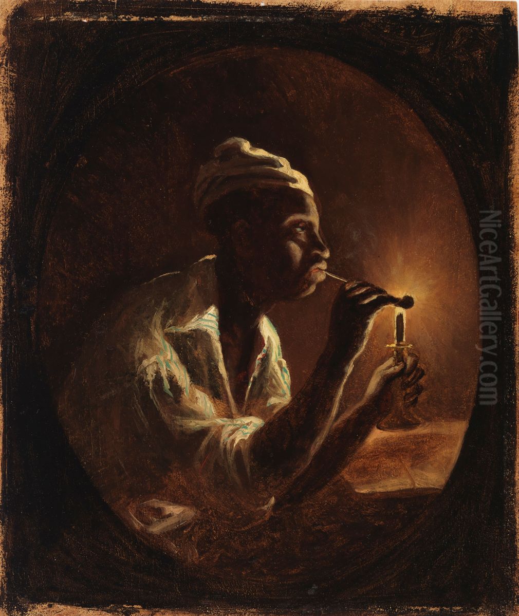 Piippuaan sytyttava neekeri Oil Painting by Karl Jansson