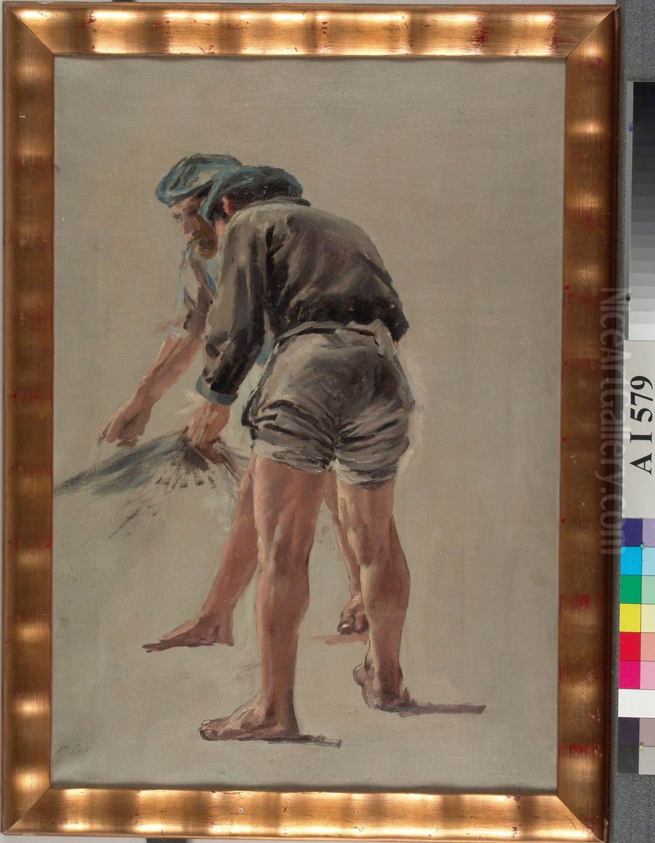 Kaksi italialaista kalastajaa, harjoitelma Nuotanveto Korsikan rannikolla-nimista maalausta varten Oil Painting by Aukusti Uotila