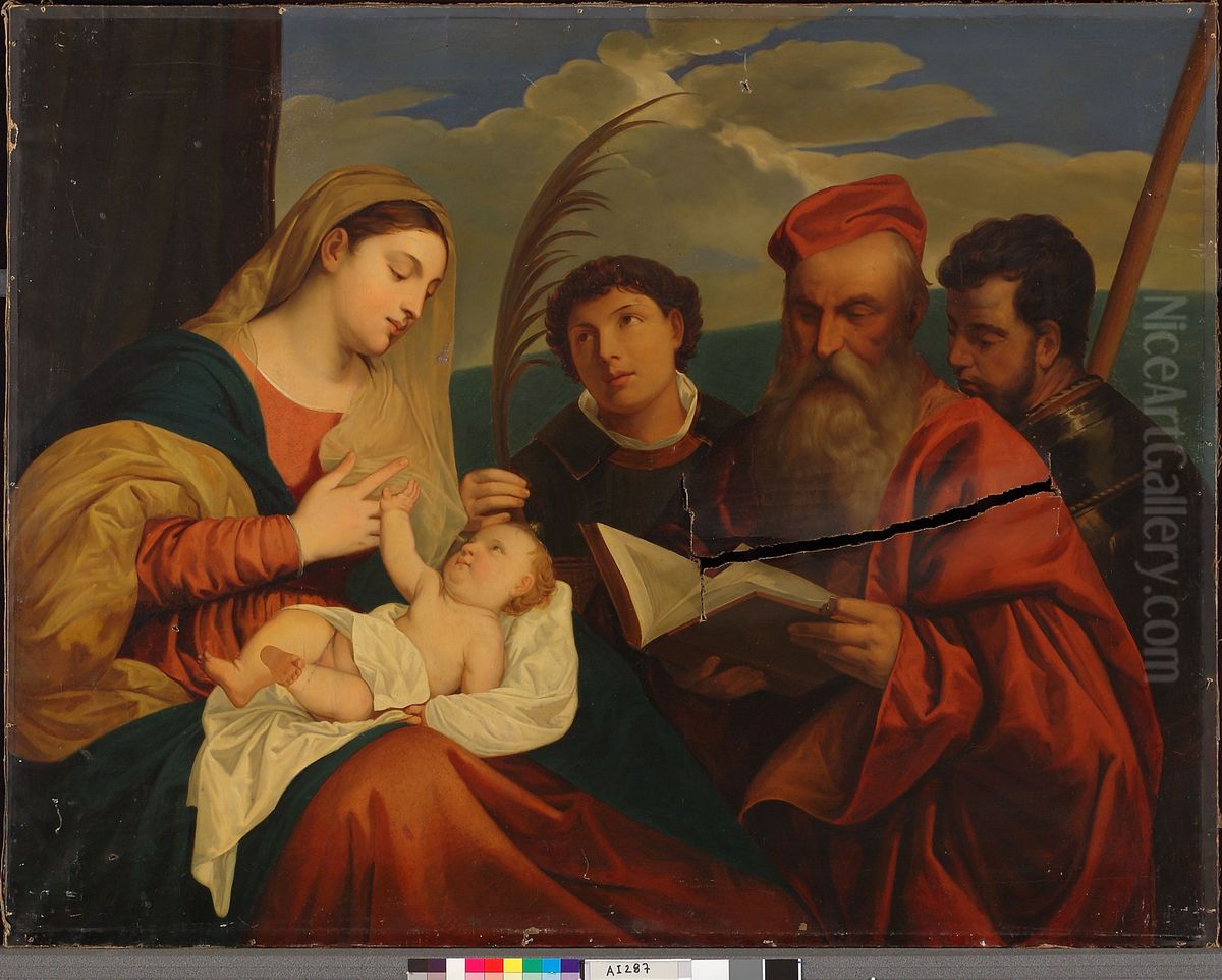 Mary with Child, St. Stephen, St. Jerome and St. Mauritius, a copy after Titian (Tiziano Vecellio) Oil Painting by Nils Blommer