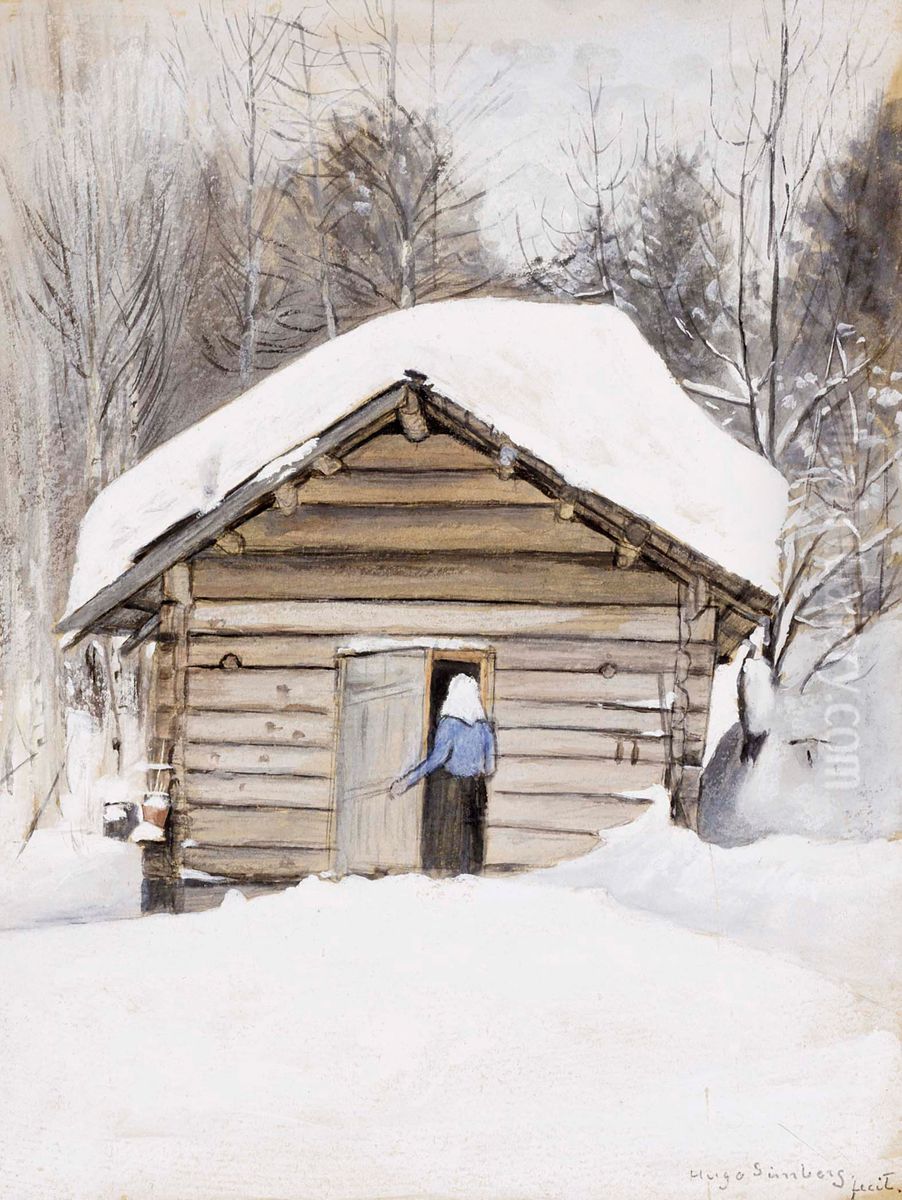 Old Woman at the Sauna Door Oil Painting by Hugo Simberg