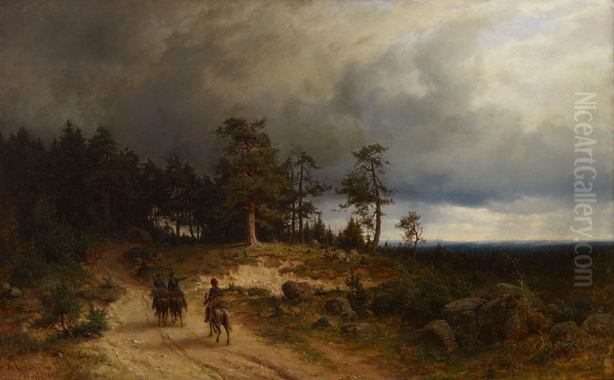 Landscape in Eastern Finland with Mounted Cossacks Oil Painting by Berndt Lindholm