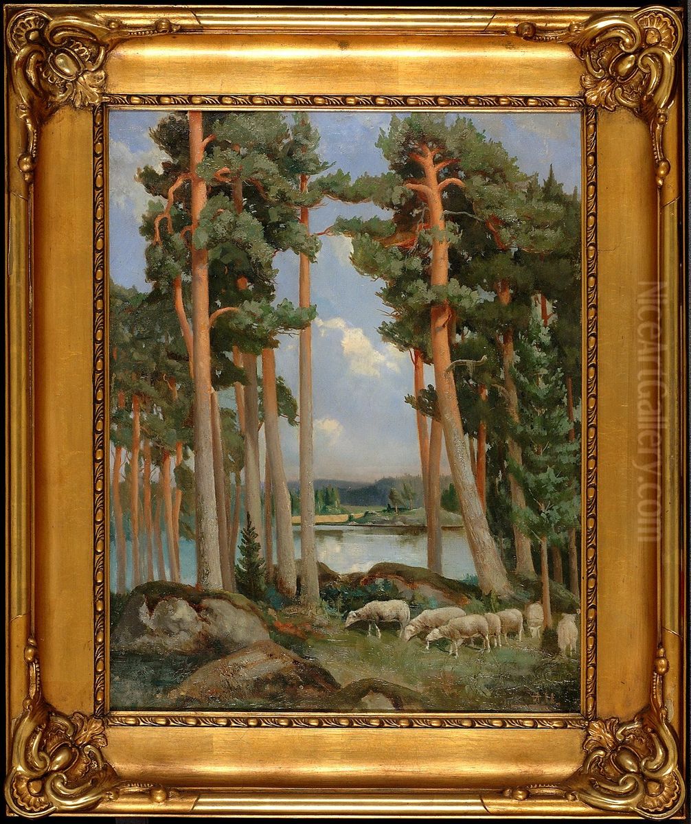 Lampaita hongikossa Oil Painting by Aukusti Uotila