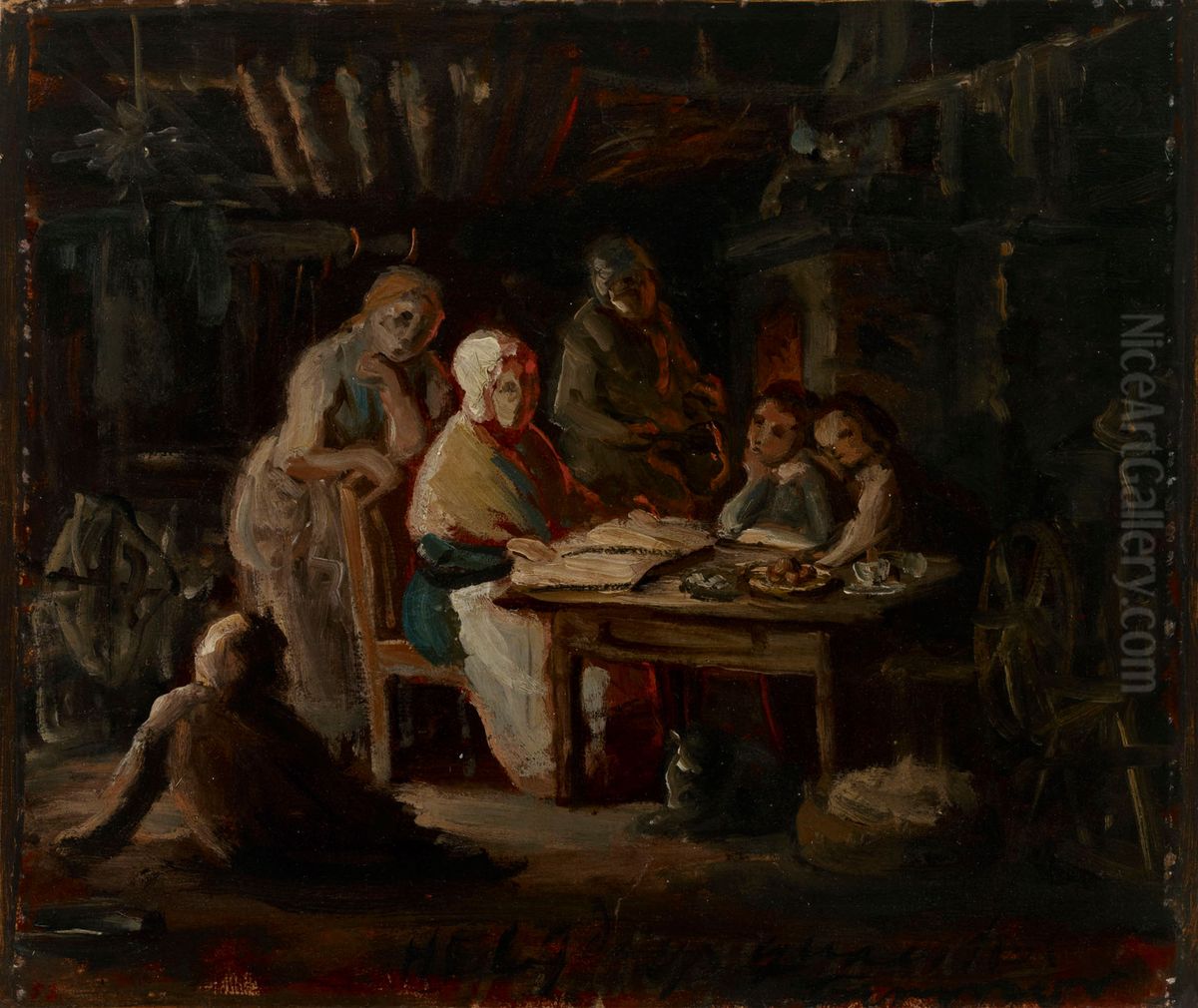 Sunnuntai-ilta isoaidin luona (Isoaidin syntymapaiva), luonnos Oil Painting by Robert Wilhelm Ekman
