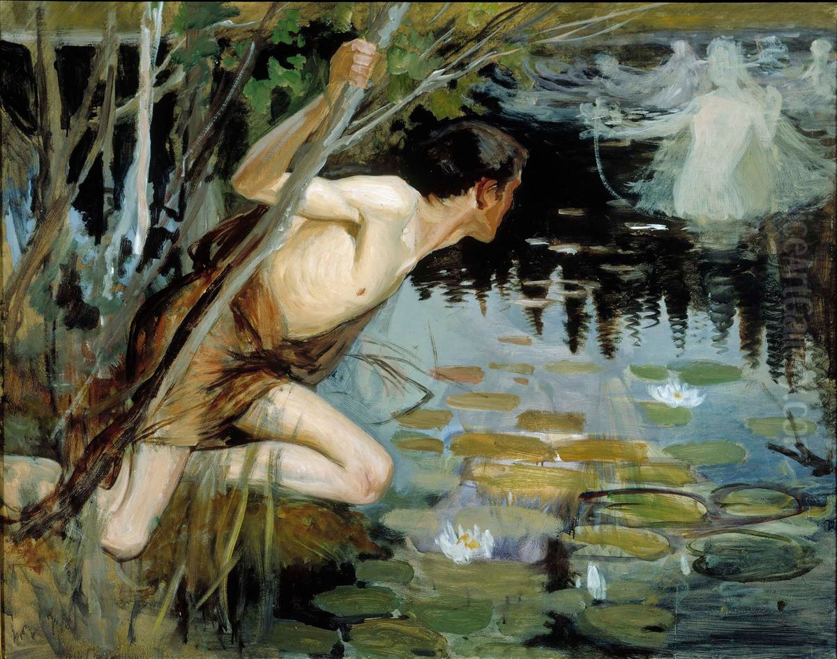 Youth and a Mermaid, sketch Oil Painting by Albert Edelfelt