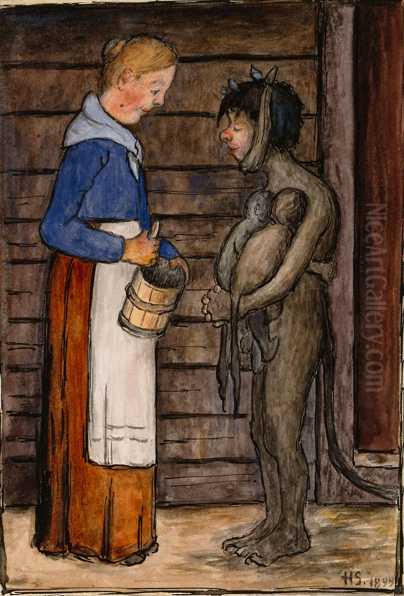 The Farmer's Wife and the Poor Devil Oil Painting by Hugo Simberg