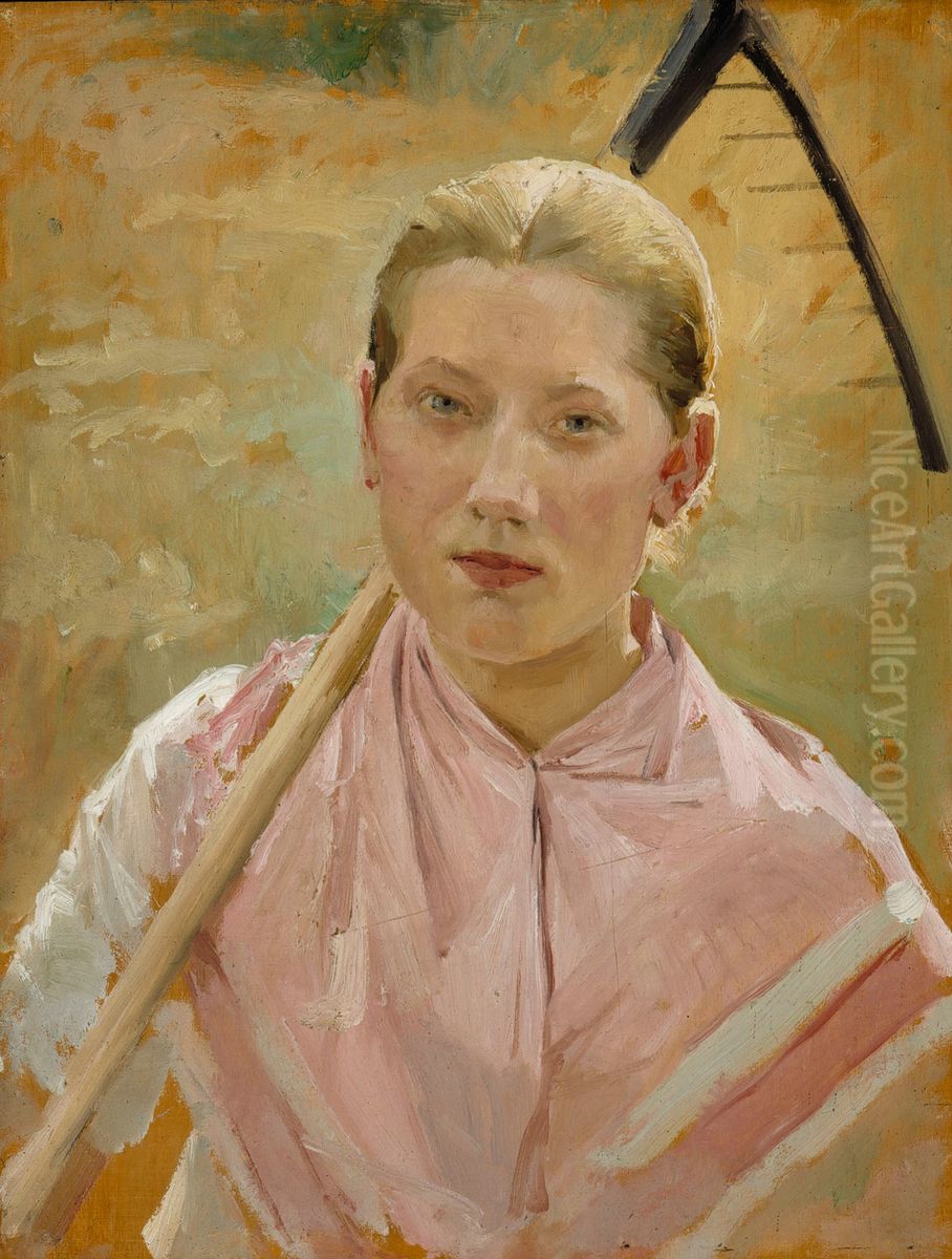 Girl with a Rake, Study for August Oil Painting by Albert Edelfelt