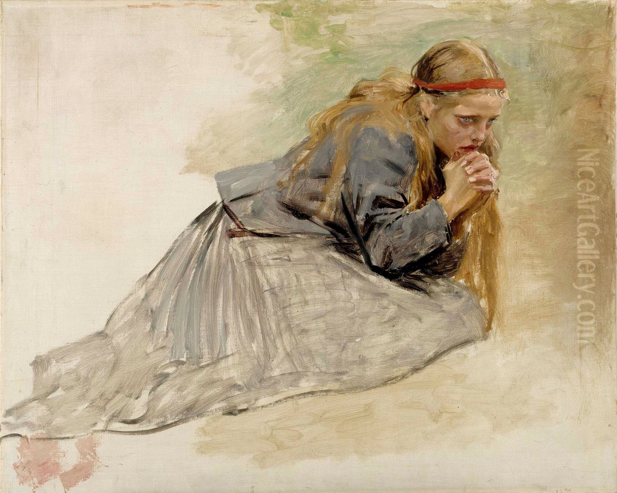 Mary Magdalene Kneeling, Study for the Christ and Mary Magdalene Oil Painting by Albert Edelfelt