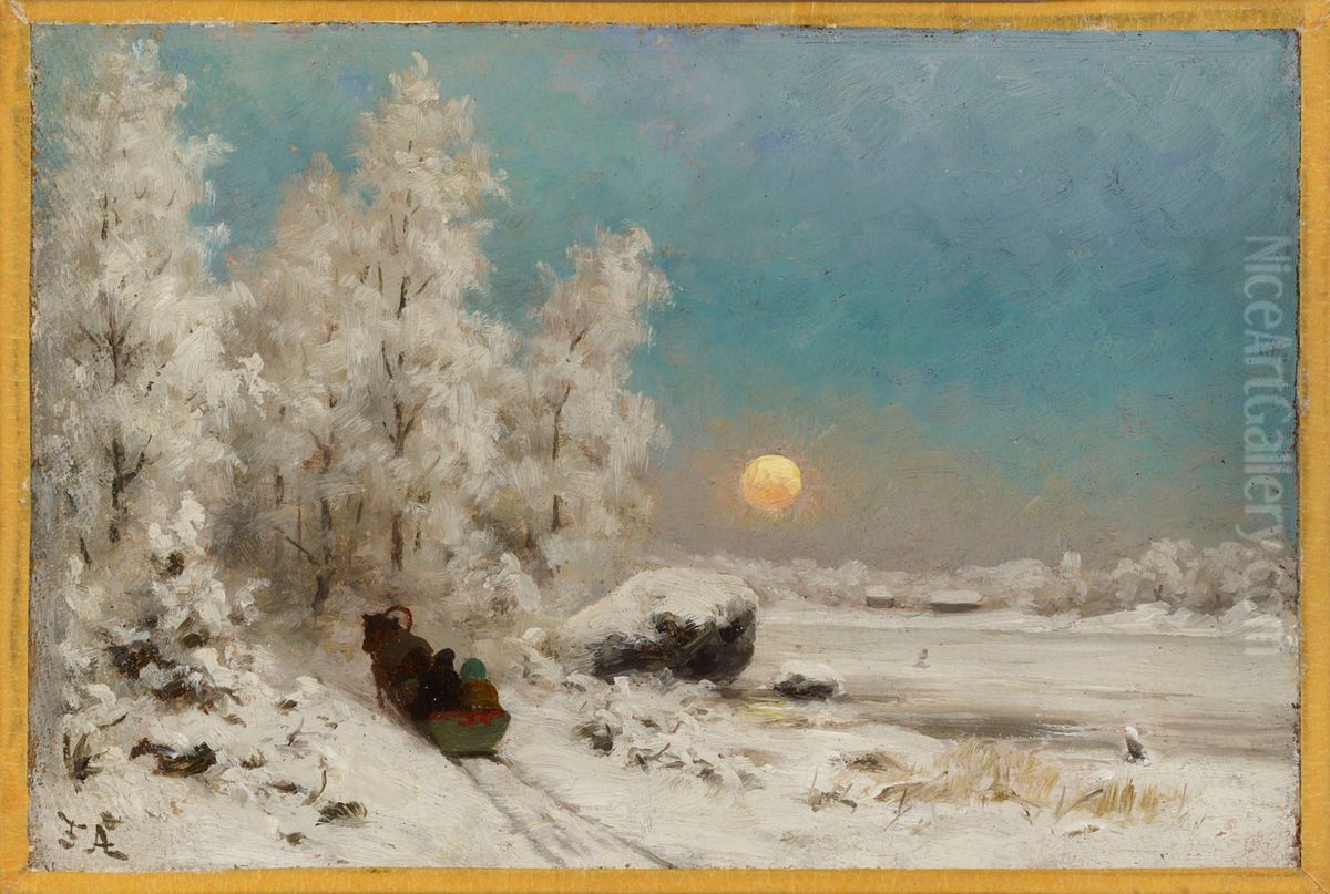 Winter Night, Moon Rising Oil Painting by Fredrik Ahlstedt