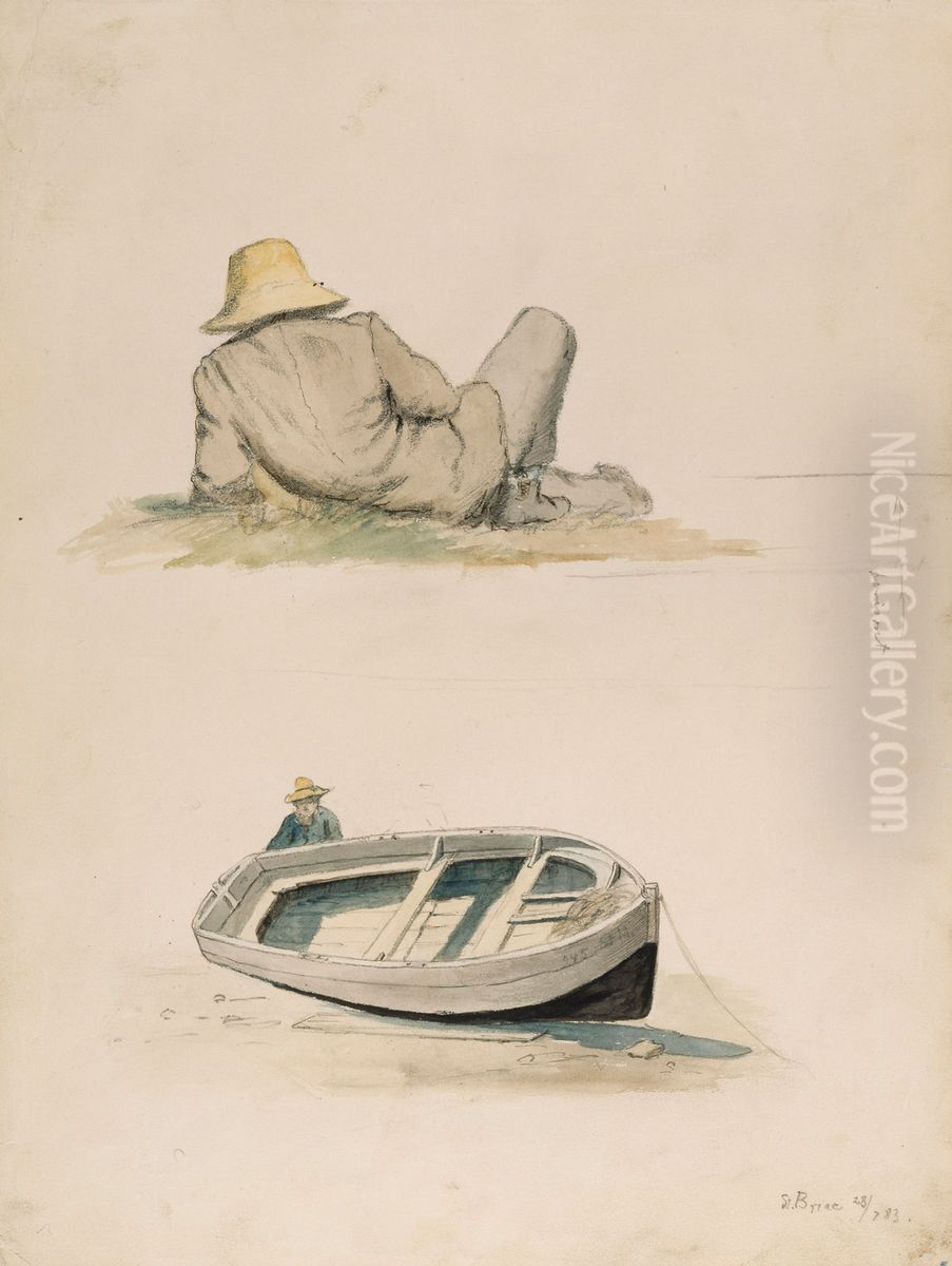 Heinikolla selin lepaava mies ; Mies ja maihin vedetty vene Oil Painting by Oscar Kleineh