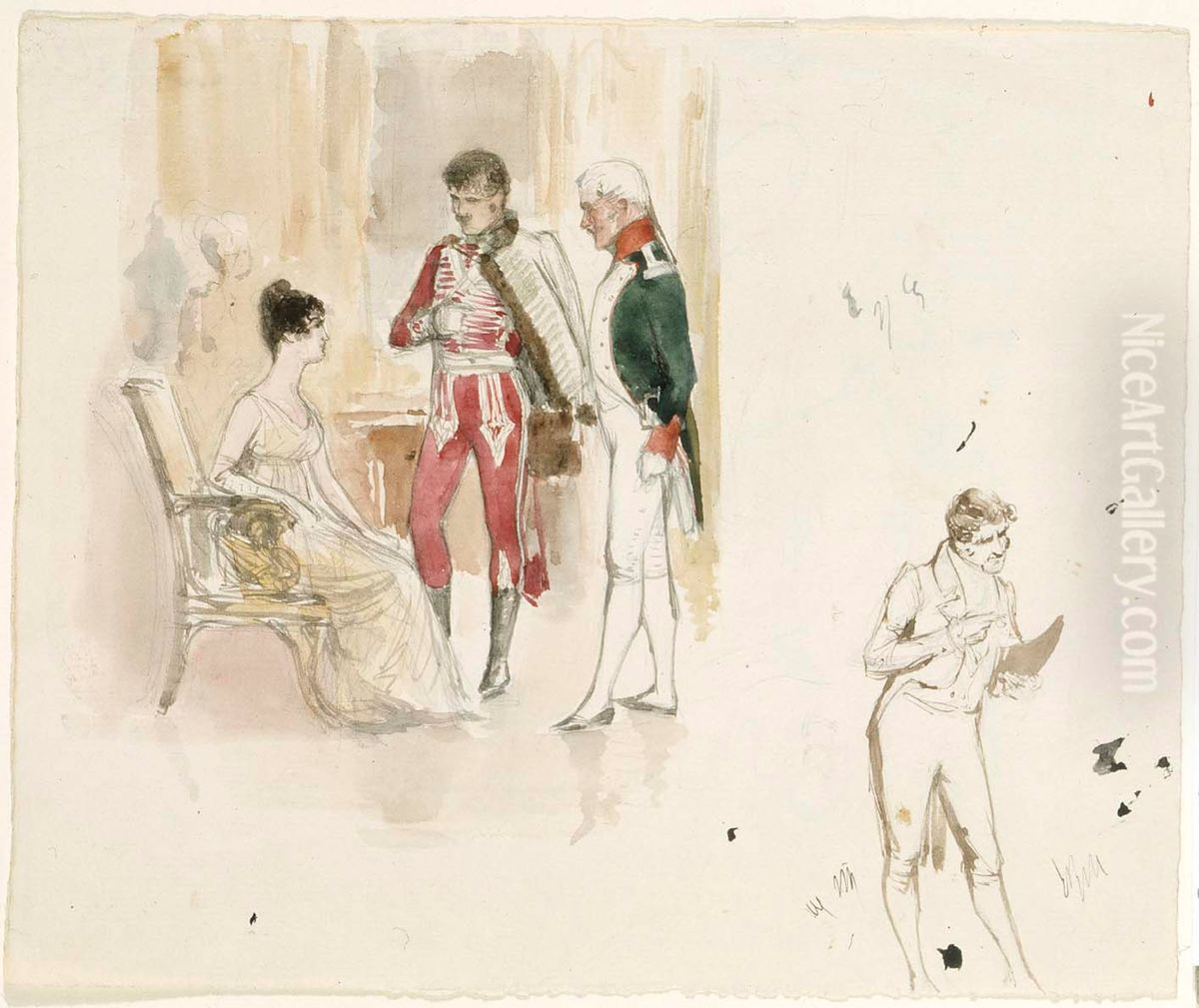 Istuva nainen ja kaksi herraa Oil Painting by Albert Edelfelt