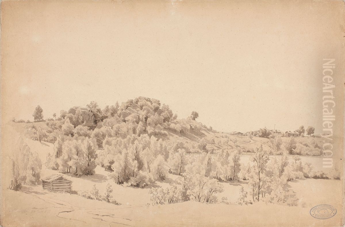 Metsainen kukkula, jarvi ja maalaistalo Oil Painting by Werner Holmberg