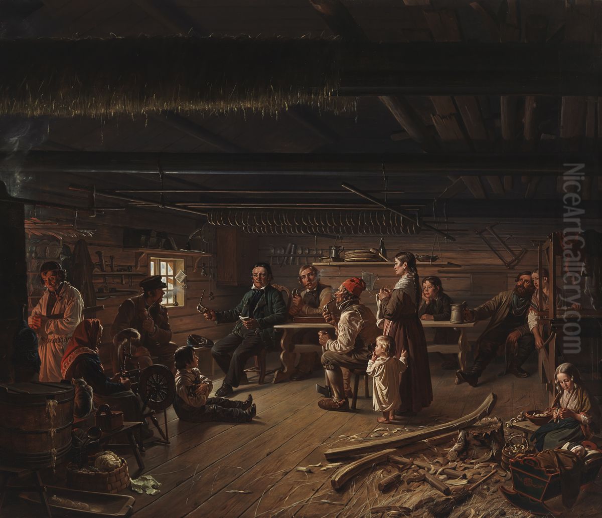 Pentti Lyytinen Recites Poems in a Cottage inSavo Oil Painting by Robert Wilhelm Ekman
