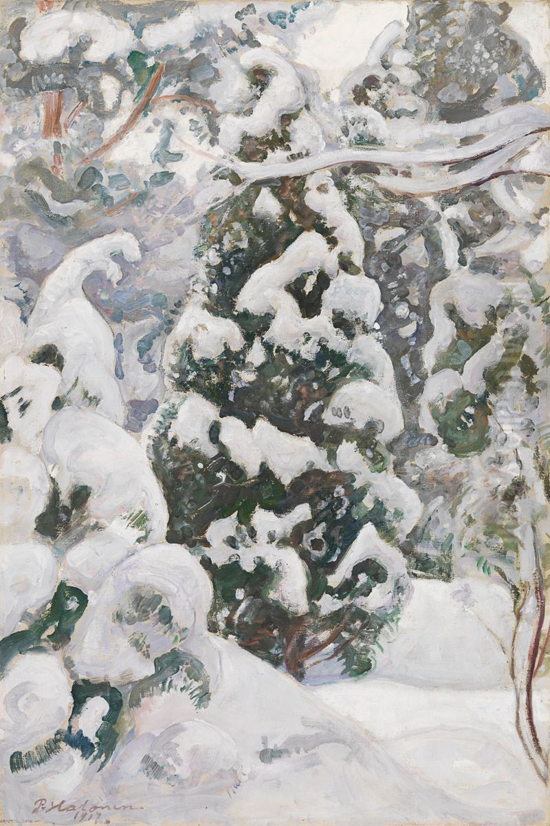 Juniper Tree in Snow Oil Painting by Pekka Halonen