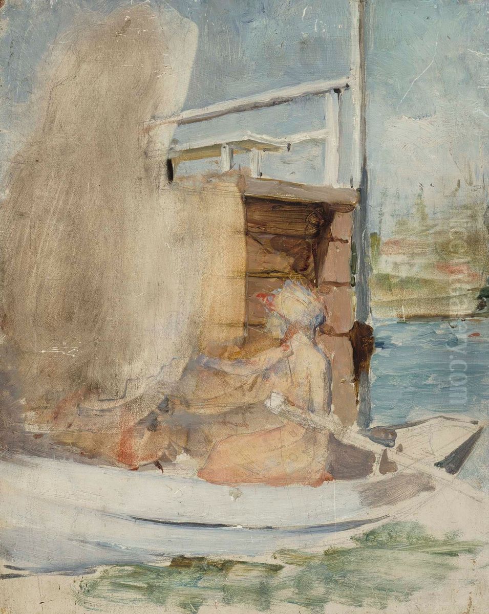 Nainen veneessa laiturin luona Oil Painting by Albert Edelfelt