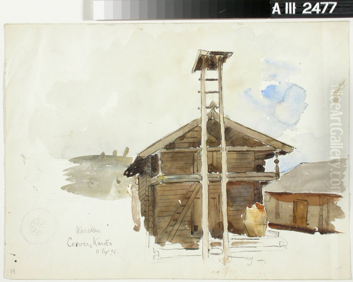 Karjalaisia rakennuksia Oil Painting by Ottilia Adelborg