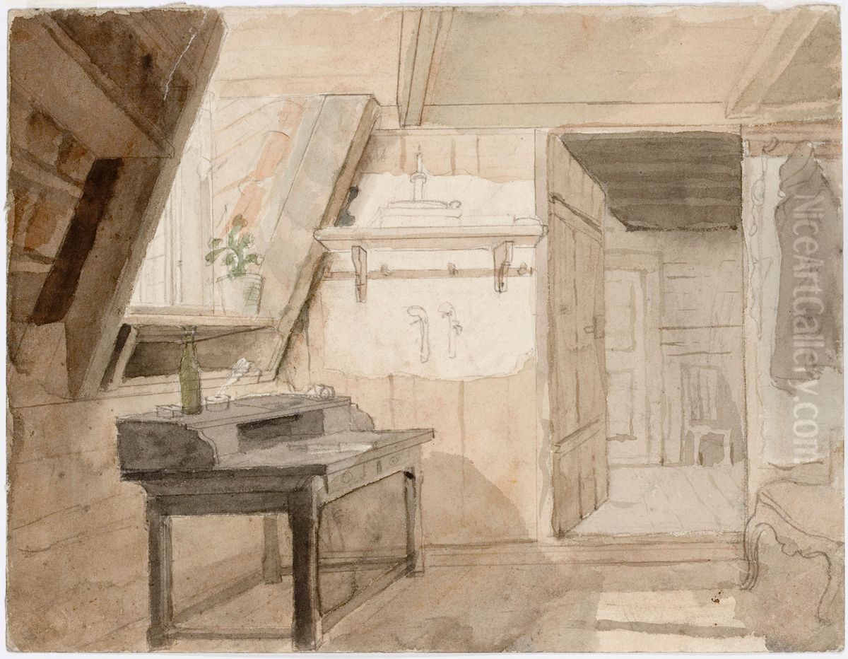 Interioori. Kirjoituspoyta ja nojatuoli, taustalla toiseen huoneeseen johtava avoin ovi. Oil Painting by Robert Wilhelm Ekman